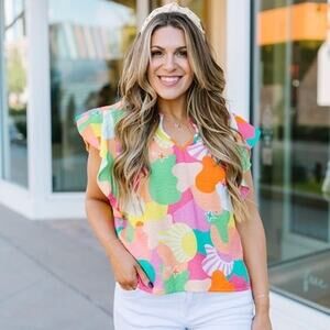 Pink and Green Boxy Cap Sleeve Graphic Blouse